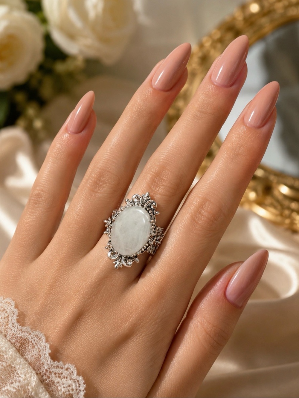 White Quartz Vintage-Style Silver Filigree Statement Ring Size 7